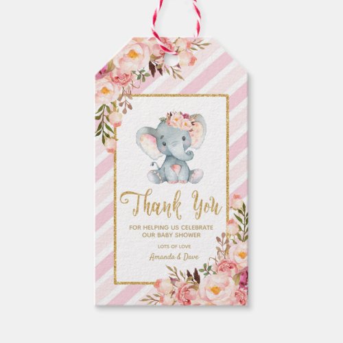 Pink Floral Elephant Baby Shower Thank You Tags