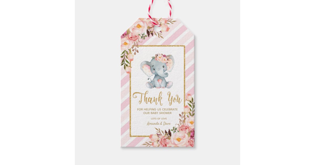 Pink Floral Elephant Baby Shower Thank You Tags | Zazzle