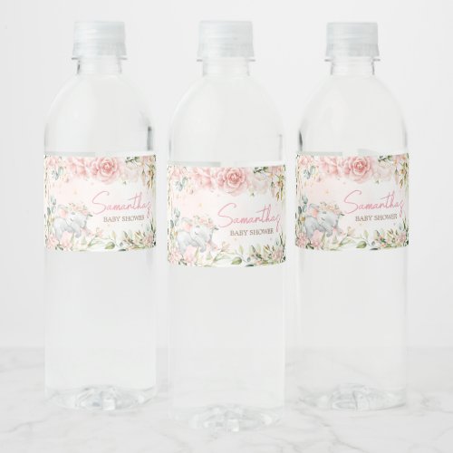 Pink Floral Elephant Baby Shower  Water Bottle Label