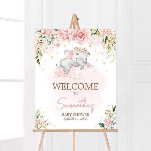 Pink Floral Elephant Baby Shower Welcome Poster