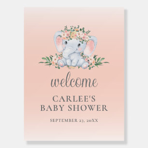 Pink Floral Elephant Baby Shower Welcome Sign