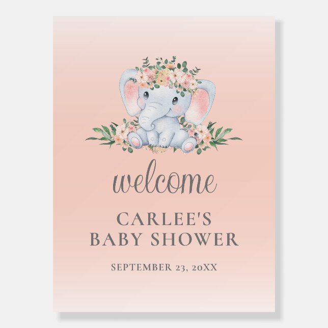 Pink Floral Elephant Baby Shower Welcome Sign (Front)