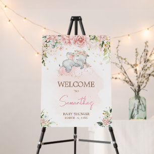 Pink Floral Elephant Baby Shower Welcome Sign