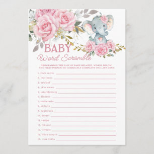 Pink Floral Elephant Baby Word Scramble Game Note Card