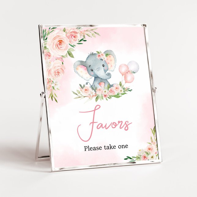 Pink Floral Elephant Balloon Baby Shower Favors Poster (Floral Balloon Elephant Baby Shower Favors Sign)