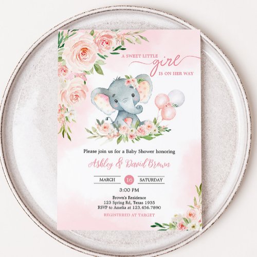 Pink Floral Elephant Balloon Baby Shower  Invitation