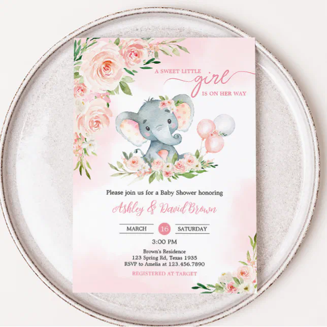 Pink Floral Elephant Balloon Baby Shower Invitation | Zazzle