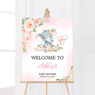 Pink Floral Elephant Balloon Baby Shower Welcome Poster