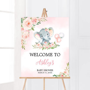 Pink Floral Elephant Balloon Baby Shower Welcome Poster