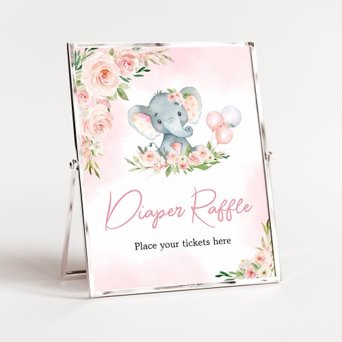 Pink Floral Elephant Balloon Diaper Raffle Poster