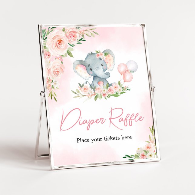 Pink Floral Elephant Balloon Diaper Raffle Poster (Floral Balloon Elephant Baby Shower Diaper Raffle Sign)