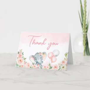 Pink Floral Elephant Balloon Letterpress Thank You Card