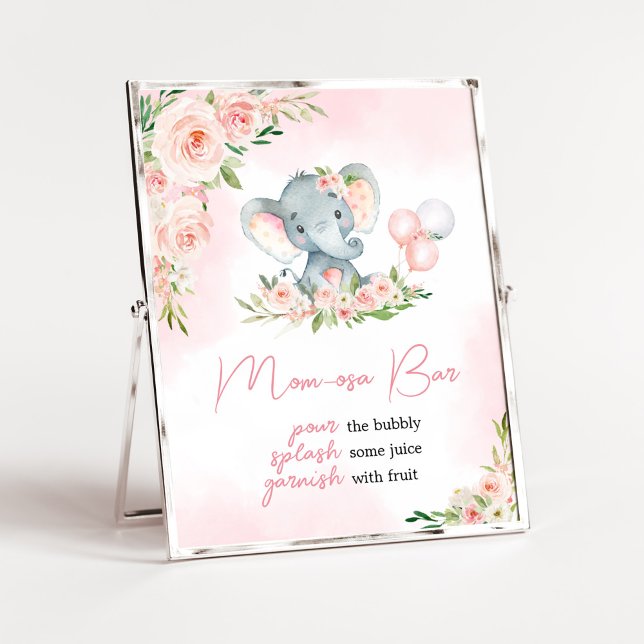 Pink Floral Elephant Balloon Mom Osa Bar Poster (Floral Balloon Elephant Baby Shower Mom Osa Bar Sign)