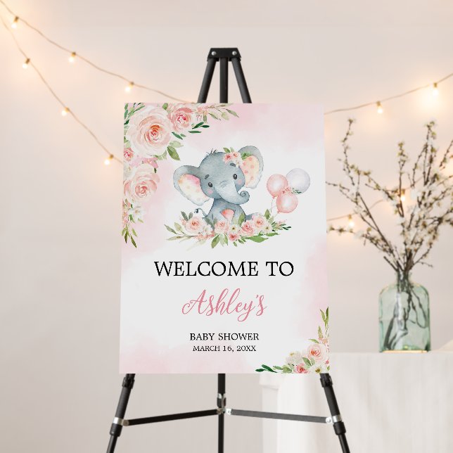 Pink Floral Elephant Balloon Welcome Sign (In Situ (Stand))