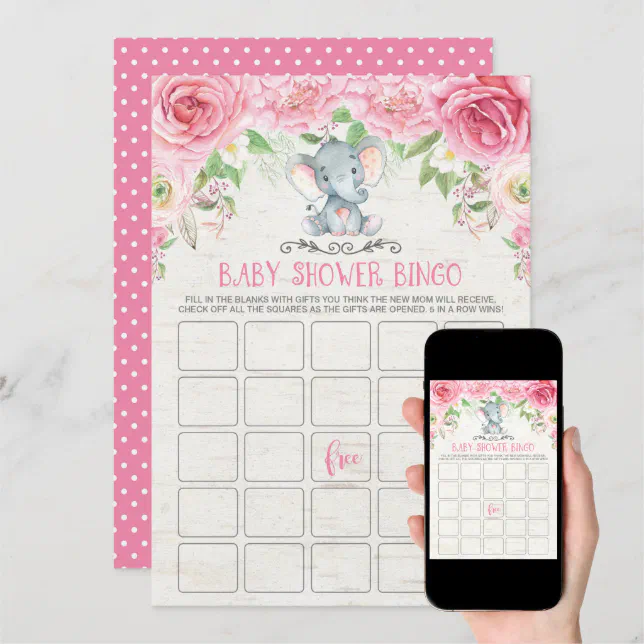 Pink Floral Elephant Bingo Baby Shower Game Card | Zazzle