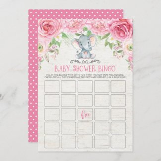 Pink Floral Elephant Bingo Baby Shower Game Card