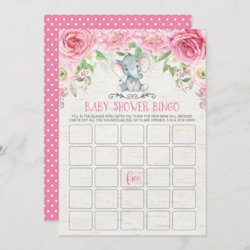 Pink Floral Elephant Bingo Baby Shower Game Card
