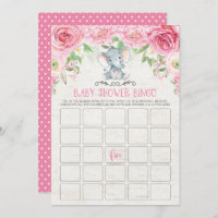 Pink Floral Elephant Bingo Baby Shower Game Card