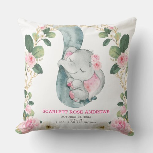 Pink Floral Elephant Birth Stats Girl Nursery Throw Pillow