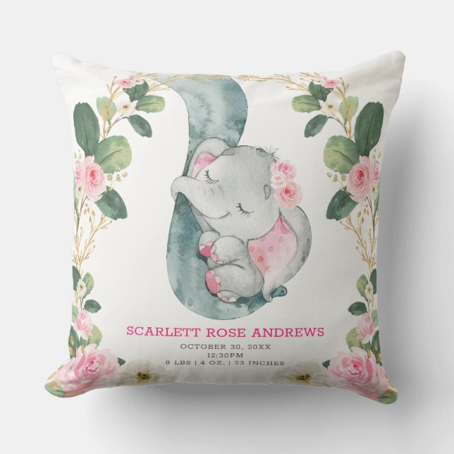 Pink Floral Elephant Birth Stats Girl Nursery Throw Pillow (Front)