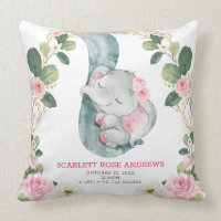 Pink Floral Elephant Birth Stats Girl Nursery Throw Pillow