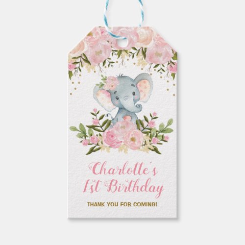 Pink Floral Elephant Birthday Party Favor Gift Tag