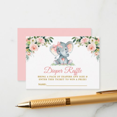 Pink Floral Elephant Bow Diaper Raffle Shower Enclosure Card