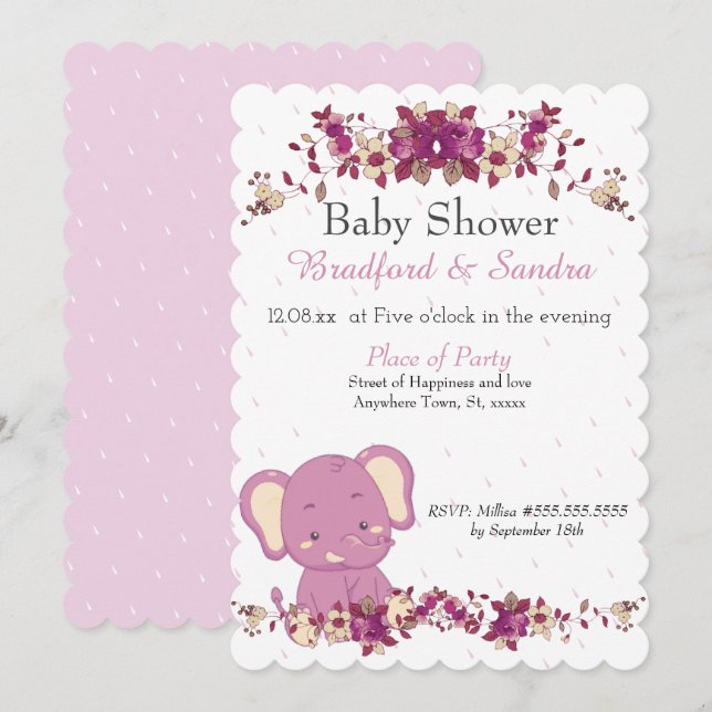 Pink Floral Elephant Chic Simple Baby Shower Invit Invitation (Front/Back)