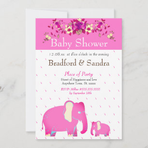 Pink Floral Elephant Chic Simple Baby Shower Invitation