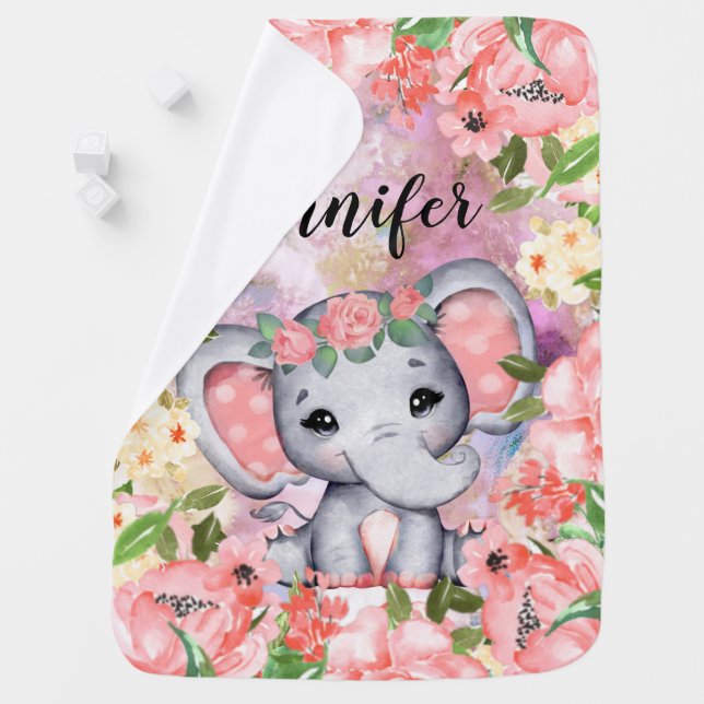 Pink Floral Elephant Custom Name Cute Pink Baby Blanket (In Situ)