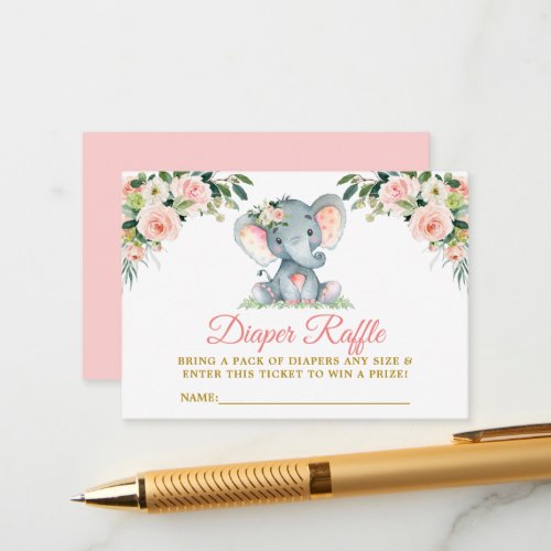 Pink Floral Elephant Diaper Raffle Baby Shower Enclosure Card