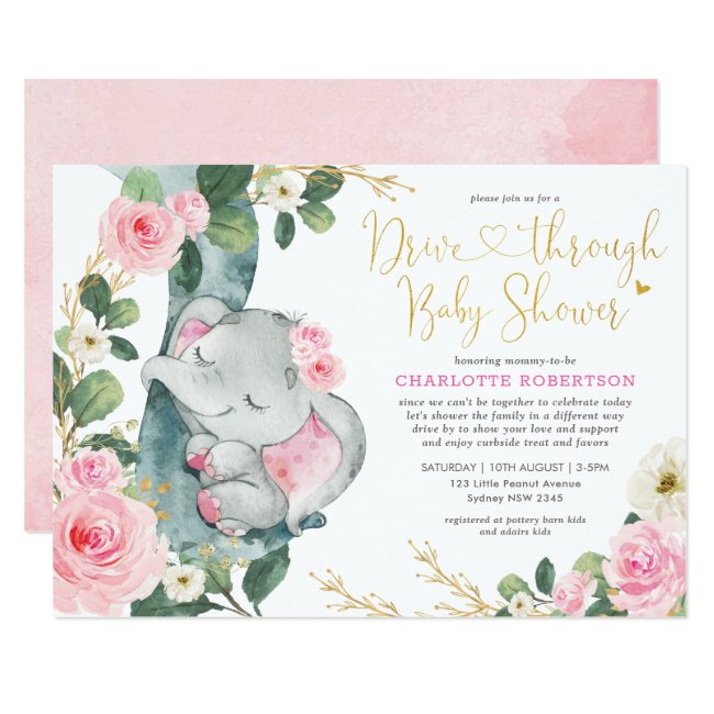 Pink Floral Elephant Drive By Girl Baby Shower Invitation