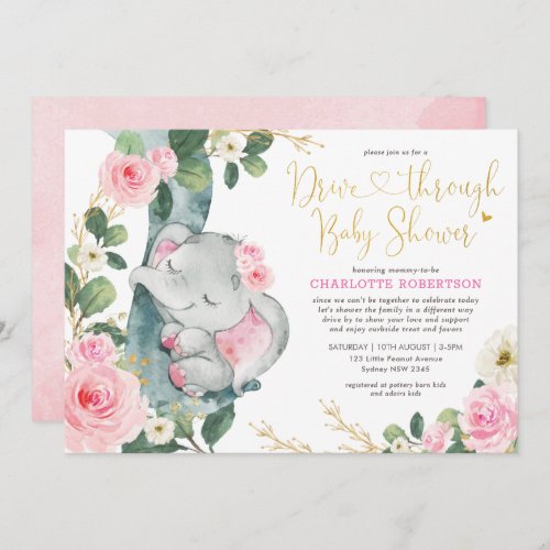 Pink Floral Elephant Drive By Girl Baby Shower Invitation