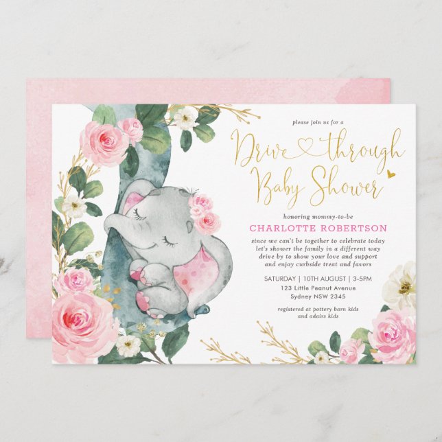 Pink Floral Elephant Drive By Girl Baby Shower Invitation (Front/Back)