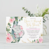 Pink Floral Elephant Drive By Girl Baby Shower Invitation (Standing Front)