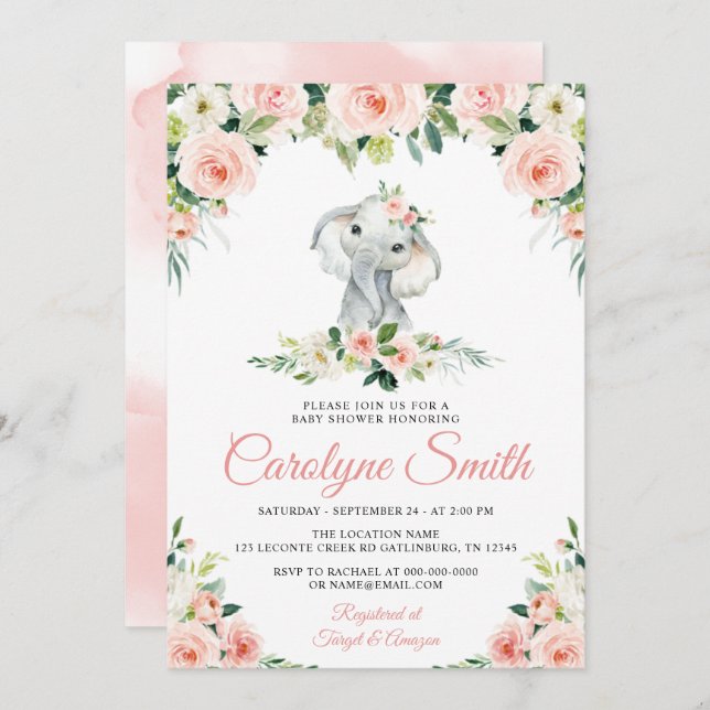 Pink Floral Elephant Editable Baby Shower Invitation (Front/Back)