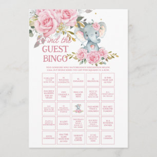 Pink Floral Elephant Find the Guest Baby Bingo Note Card
