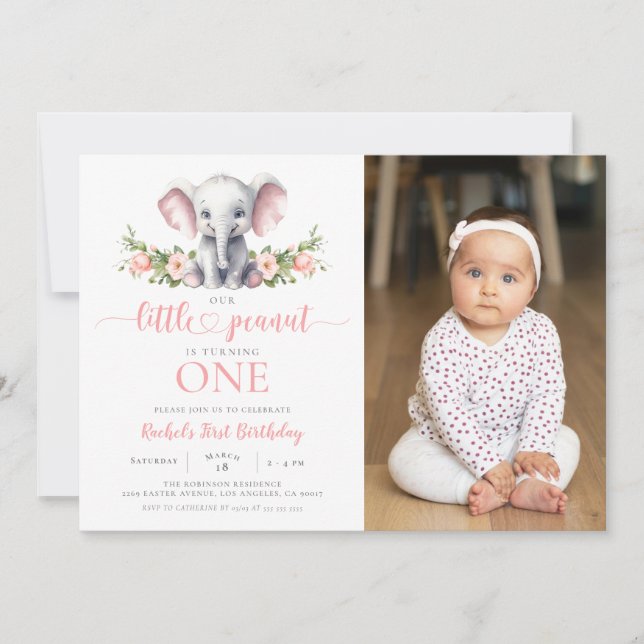 Pink Floral Elephant Girl 1st Birthday Photo Invitation (Front)