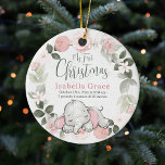 Pink Floral Elephant Girl Baby 1st Christmas Photo Ceramic Ornament<br><div class="desc">Cute elephant girl baby's first Christmas ceramic ornament. Designs features elegant pink floral wreath,  pink marble background and modern calligraphy script font. Easily personalize this ornament with birth stats and newborn photo on the back. SAMPLE PHOTO OF BABY IS NOT INCLUDED. REPLACE WITH YOUR OWN PHOTO BEFORE ORDERING.</div>