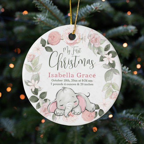 Pink Floral Elephant Girl Baby 1st Christmas Photo Ceramic Ornament