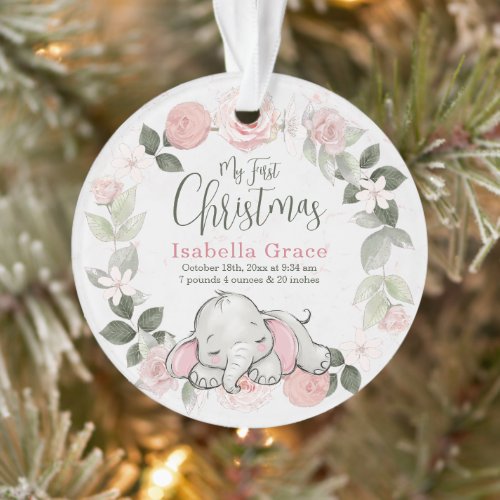 Pink Floral Elephant Girl Baby 1st Christmas Photo Ornament