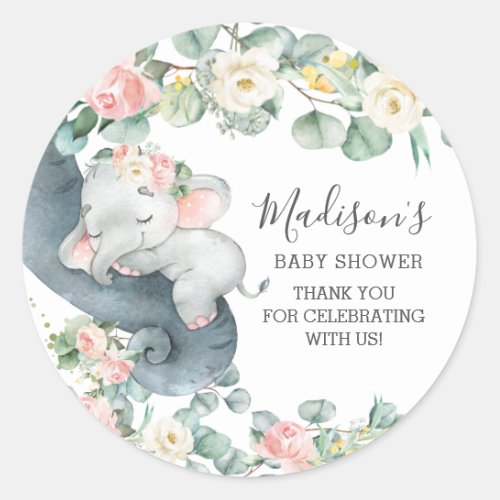 Pink Floral Elephant Girl Baby Shower Birthday  Classic Round Sticker