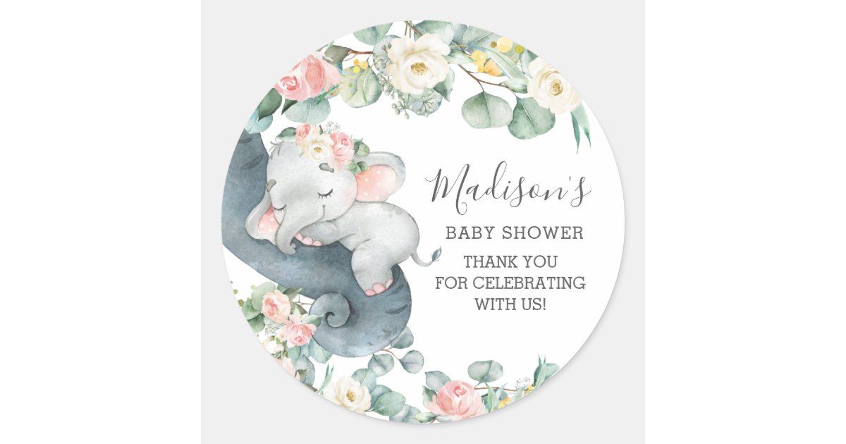 Pink Floral Elephant Girl Baby Shower Birthday Classic Round Sticker ...