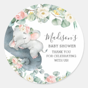 Pink Floral Elephant Girl Baby Shower Birthday  Classic Round Sticker