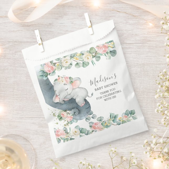 Pink Floral Elephant Girl Baby Shower Birthday Favor Bag (Clipped)