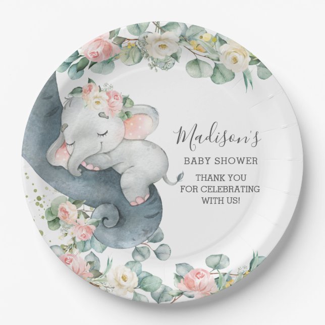 Pink Floral Elephant Girl Baby Shower Birthday  Paper Plates (Front)