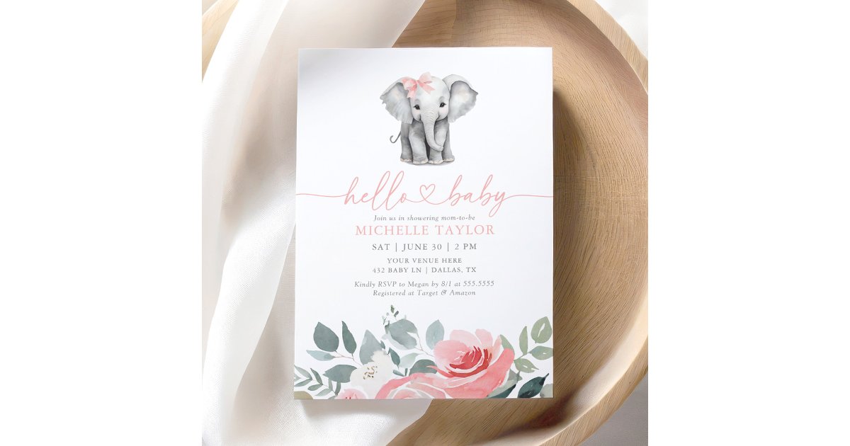 Pink Floral Elephant Girl Baby Shower Invitation | Zazzle