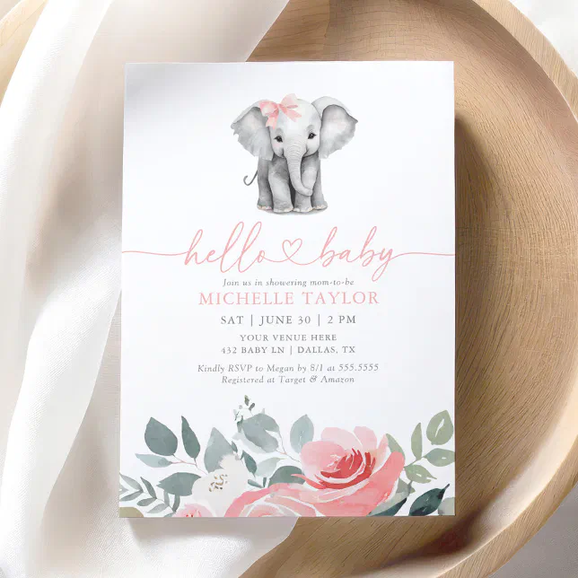 Pink Floral Elephant Girl Baby Shower Invitation | Zazzle