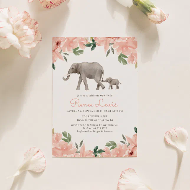 Pink Floral Elephant Girl Baby Shower Invitation | Zazzle