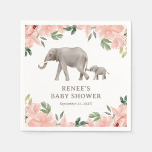Pink Floral Elephant Girl Baby Shower Napkins